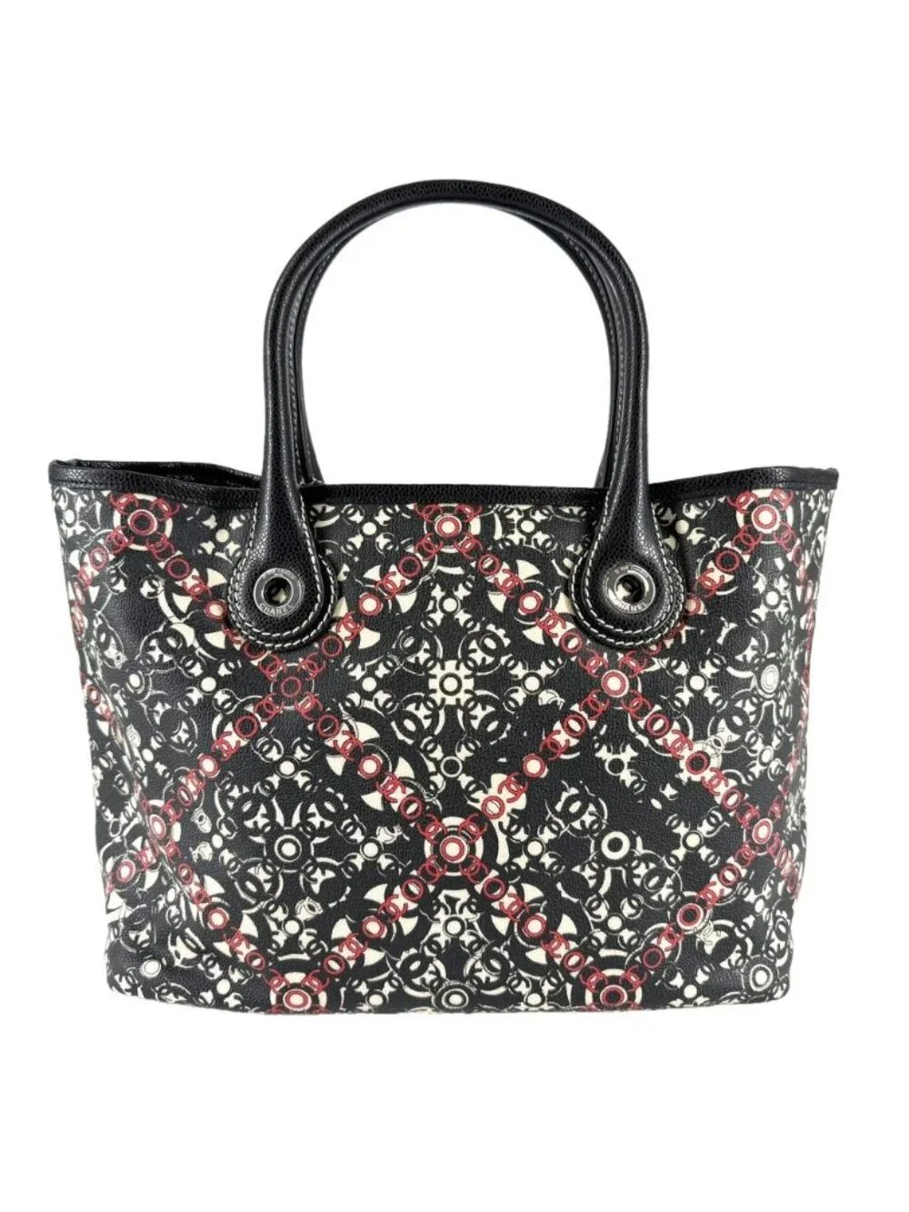Chanel Tote Coco Travel Handbag CC Logo Shoulder Canvas Leather Black Red Silver